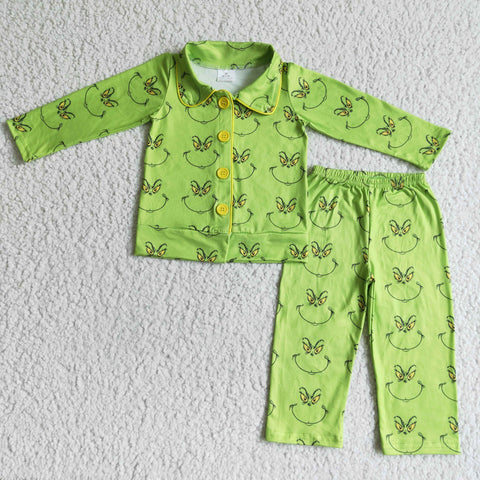 6 B8-38 Boutique Boy's Pajamas Green Christmas Green animal Cartoons Print Set
