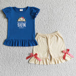 GSSO0096 You are my sun shine Embroidery Yellow Plaid Girl's Shorts Set