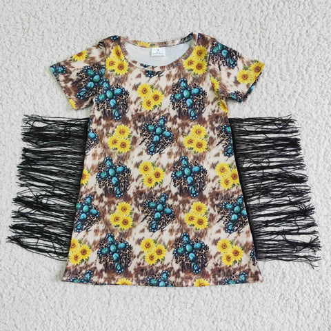SALE GSD0056 Fashion Sunflower Cow With Tassel Girl's Dress