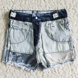 SS0024 Summer Kids Fashion Washed Blue Cow Ruffles Denim Girl's Shorts