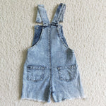 SS0022 Fashion Summer Sequins Blue Ripped Denim Overalls
