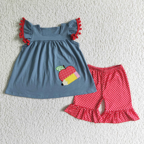 GSSO0120 Back To School Apple Pencil Red Dots Girl's Shorts Set