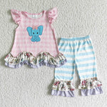 Elephant Cute Pink Blue Stripe Ruffles Girl's Set