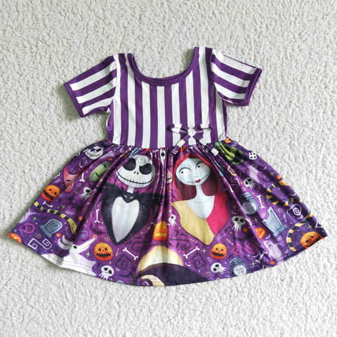 GSD0108 Halloween Pumpkin Purple Skull Stripe Girl's Dress