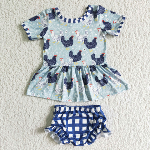 GBO0049 Farm Rooster Blue Plaid Cute Baby Bummie Girl's Set