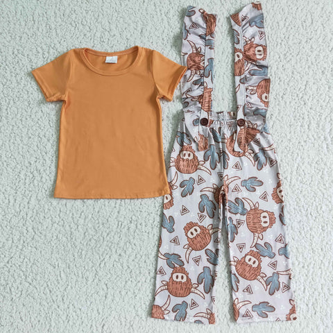 Girl's Cow Cactus Orange Ruffles New Overalls Set