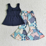 SALE Dark Blue Sleeveless Bell Pants Patch Design Set