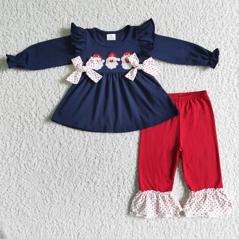 Embroidered Santa Claus Navy Blue Tunic With Bows Ruffles Red Pants