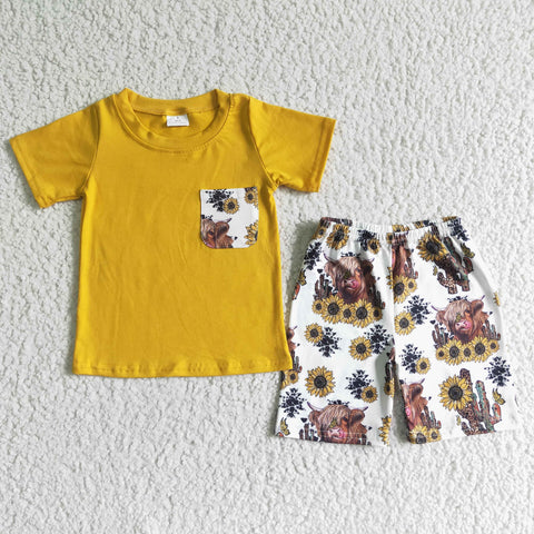 Summer Cow Cactus Yellow Boy's Shorts Set