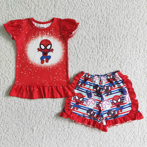 GSSO0124 Summer Cartoon Red Stripe Spider Girl's Shorts Set