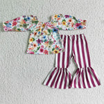 SALE GLP0013 New Design Flower Stripe Floral Purple Stripe Girl's Set