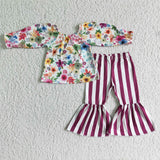 SALE GLP0013 New Design Flower Stripe Floral Purple Stripe Girl's Set
