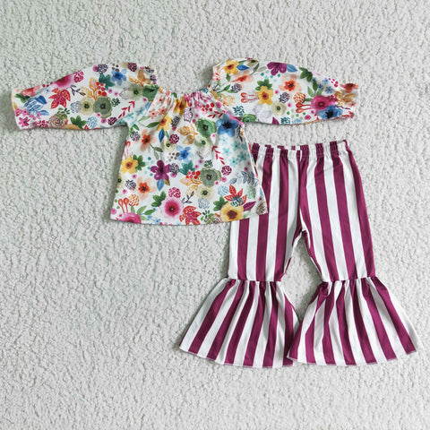 SALE GLP0013 New Design Flower Stripe Floral Purple Stripe Girl's Set