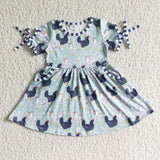 GSD0094 Farm Rooster Blue Plaid Cute Girl's Dress