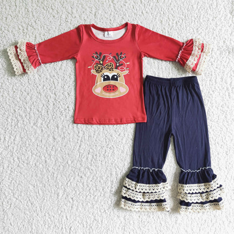 6 A14-27 Christmas Deer Red With Lace Red Set