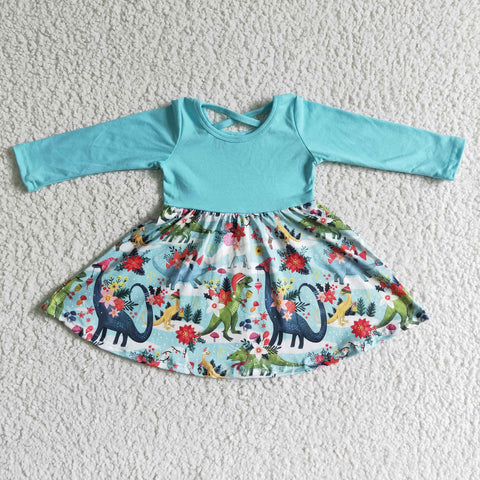 SALE GLD0006 Christmas Dinosaur Blue Girl's Dress