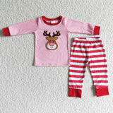 6 A27-12 Christmas Embroidered Pink Deer Stripe Pajamas