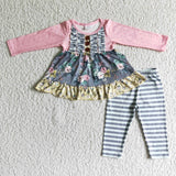 SALE 6 B0-17 Girl's Floral Pink Blue Stripe Boutique Outfits