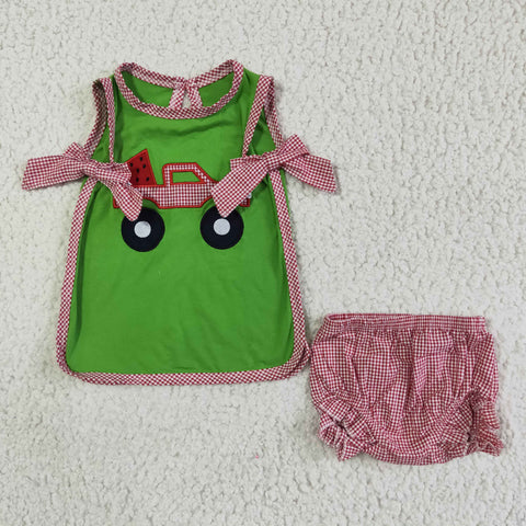 Embroidery Watermelon Car Green Red Girl's Shorts Set