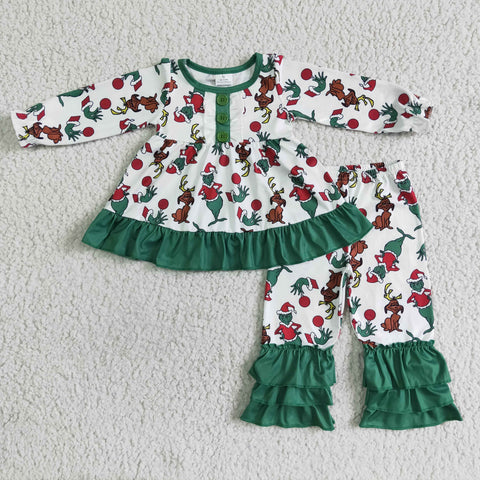 GLP0041 Christmas Green animal Ruffles Girl's Set