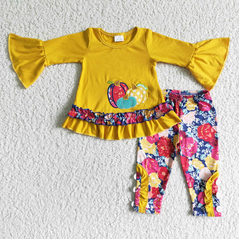 Embroidery Pumpkin Yellow Flower Ruffles Girl's Set