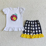 Back To School Embroidery Pencil Plaid Girl's Shorts Set