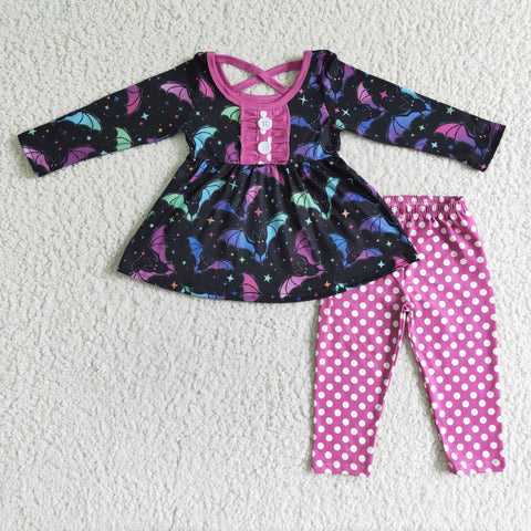 SALE GLP0042 Halloween Purple Dots Bat Cross Back Design Girl's Set