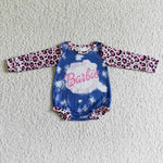 LR0021 Pink Baby Letter Leopard Long Sleeves Baby Bubble Cute Girl's Romper