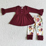 Girl's Red Wine Floral With Buttons Ruffles Flower Outifts
