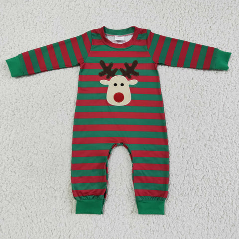 Christmas Embroidery Deer Green Stripe Baby Cute Boy's Romper