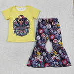 GSPO0128 Halloween Skull Yellow With Bow Girl's Set