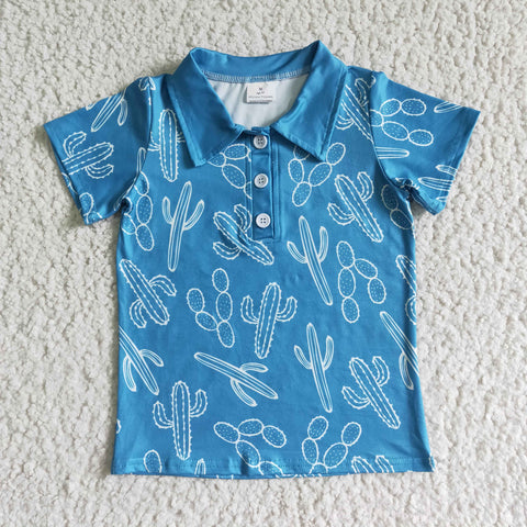 Boy's Blue Cactus Short Sleeves With Buttons Shirt Top