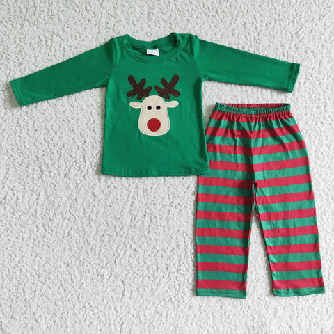 Christmas Embroidery Deer Green Stripe Boy's Set