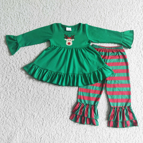 GLP0046 Christmas Embroidery Deer Green Stripe Girl's Set