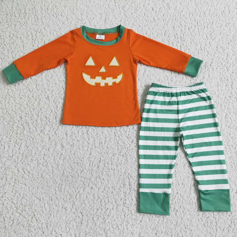 Halloween Embroidery Pumpkin Orange Green Stripe Boy's Set Pajamas