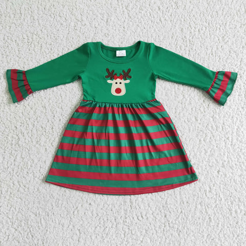 Christmas Embroidery Deer Green Stripe Girl's Dress