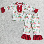 SALE 6 B3-38  Girl's Pajamas Red Christmas Tree Car Print With Buttoms
