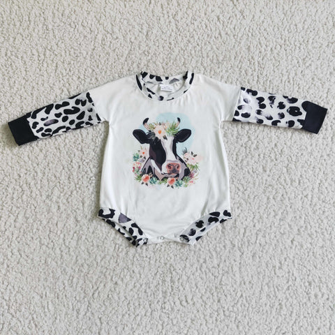 Cow White Long Sleeves Baby Bubble Cute Girl's Romper LR0026