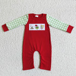 LR0019 Christmas Embroidery Green animal Deer Plaid Red Baby Cute Boy's Romper