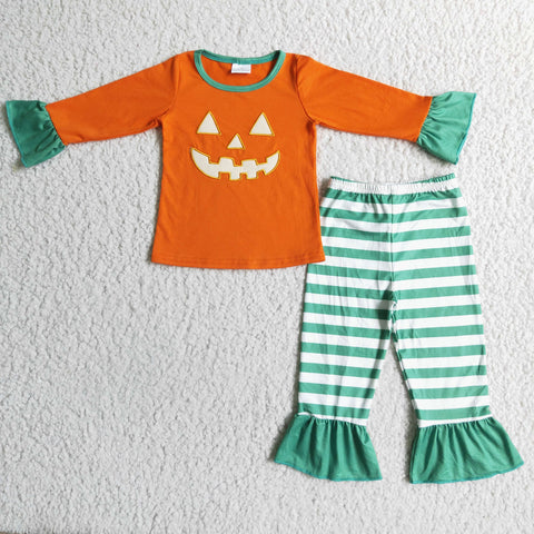 Halloween Pumpkin Orange Green Stripe Girl's Set Pajamas