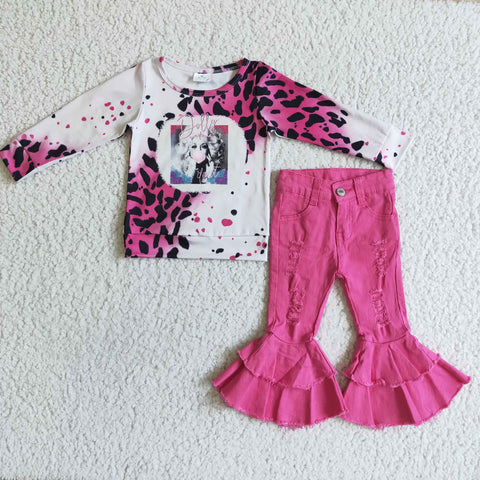 Fashion Pink Leopard Movie characters Tie Dry With Jeans Denim Pants Two Piece Girl's Set