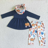 Pumpkin Embroidery Pumpkin Car Navy Blue With Scarf Girl's Set