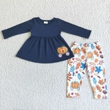 Pumpkin Embroidery Pumpkin Car Navy Blue With Scarf Girl's Set