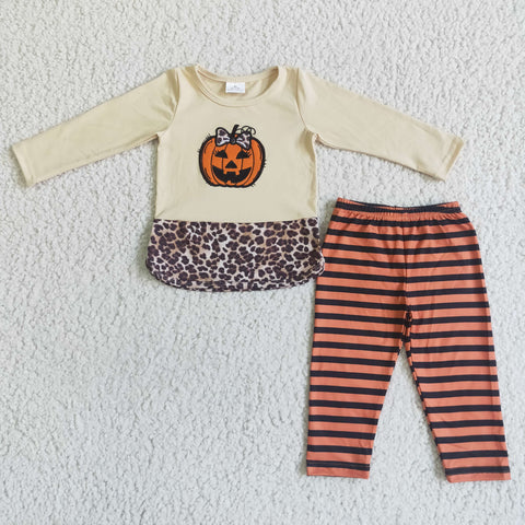 Halloween Pumpkin Leopard Stripe Girl's Set