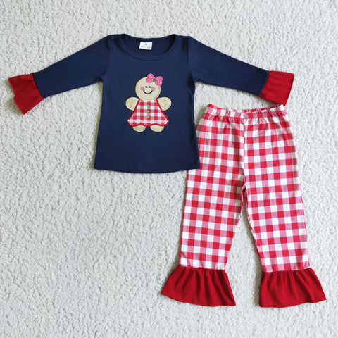 Christmas Embroidery Gingerbread Blue Red Plaid Girl's Set