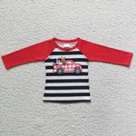 Boy's Christmas Embroidery Cow Car Black Stripe Red Shirt Top