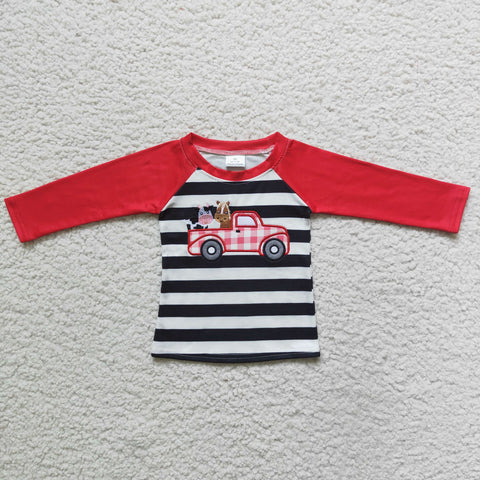 Boy's Christmas Embroidery Cow Car Black Stripe Red Shirt Top