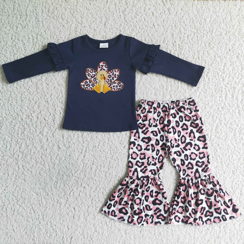 GLP0061 Thanksgiving Embroidery Turkey Navy Blue Leopard Girl's Set