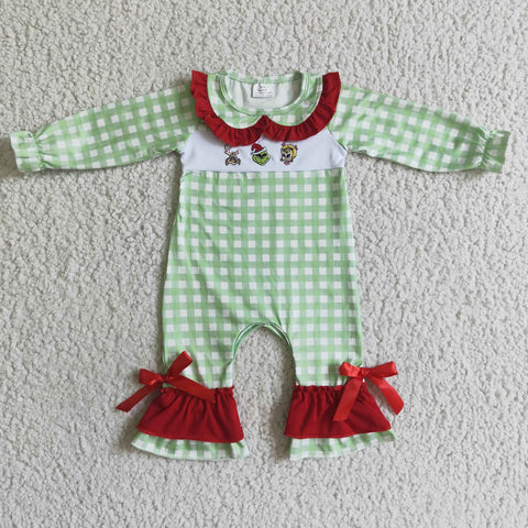 Christmas Embroidery Green animal Plaid Red Baby Cute Girl's Romper