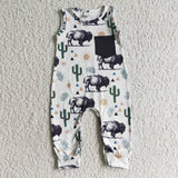 SR0071 Western COWBOY Cow Cactus Pocket Baby Cute Boy's Romper